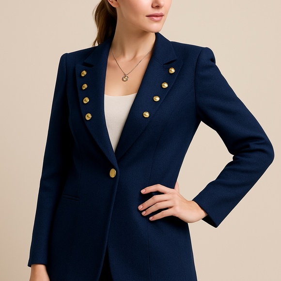 ๐งฅ St. John by Marie Gray Navy Blue Blazer with Engraved Gold Buttons - Picture 1 of 9